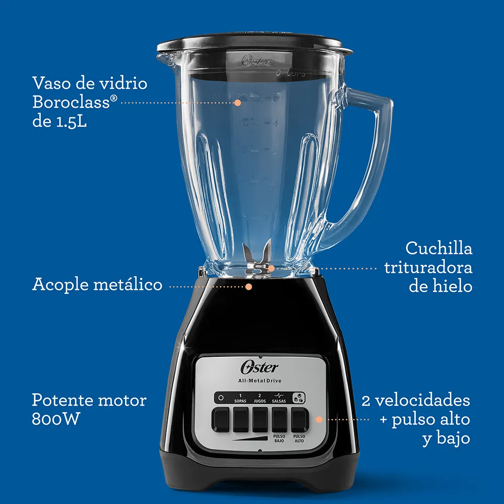 Licuadora Oster® Negra 2 velocidades más pulso y vaso de vidrio - Imagen 5