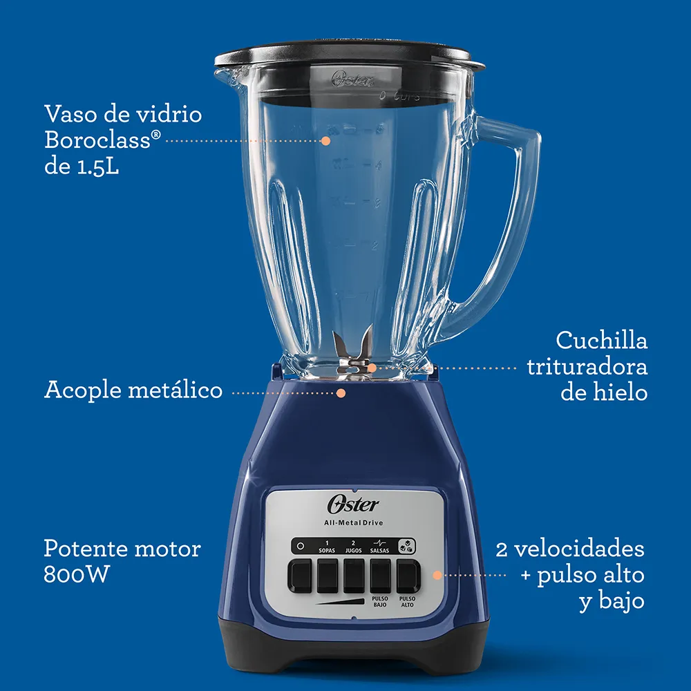 Licuadora Oster® Azul 2 velocidades más pulso y vaso de vidrio - Imagen 5