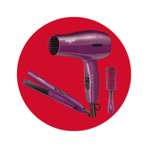 Combo Secador Plancha Alisadora y Cepillo para Cabello Conair Purple Bloom Collection con Tecnología de Cerámica y Turmalina